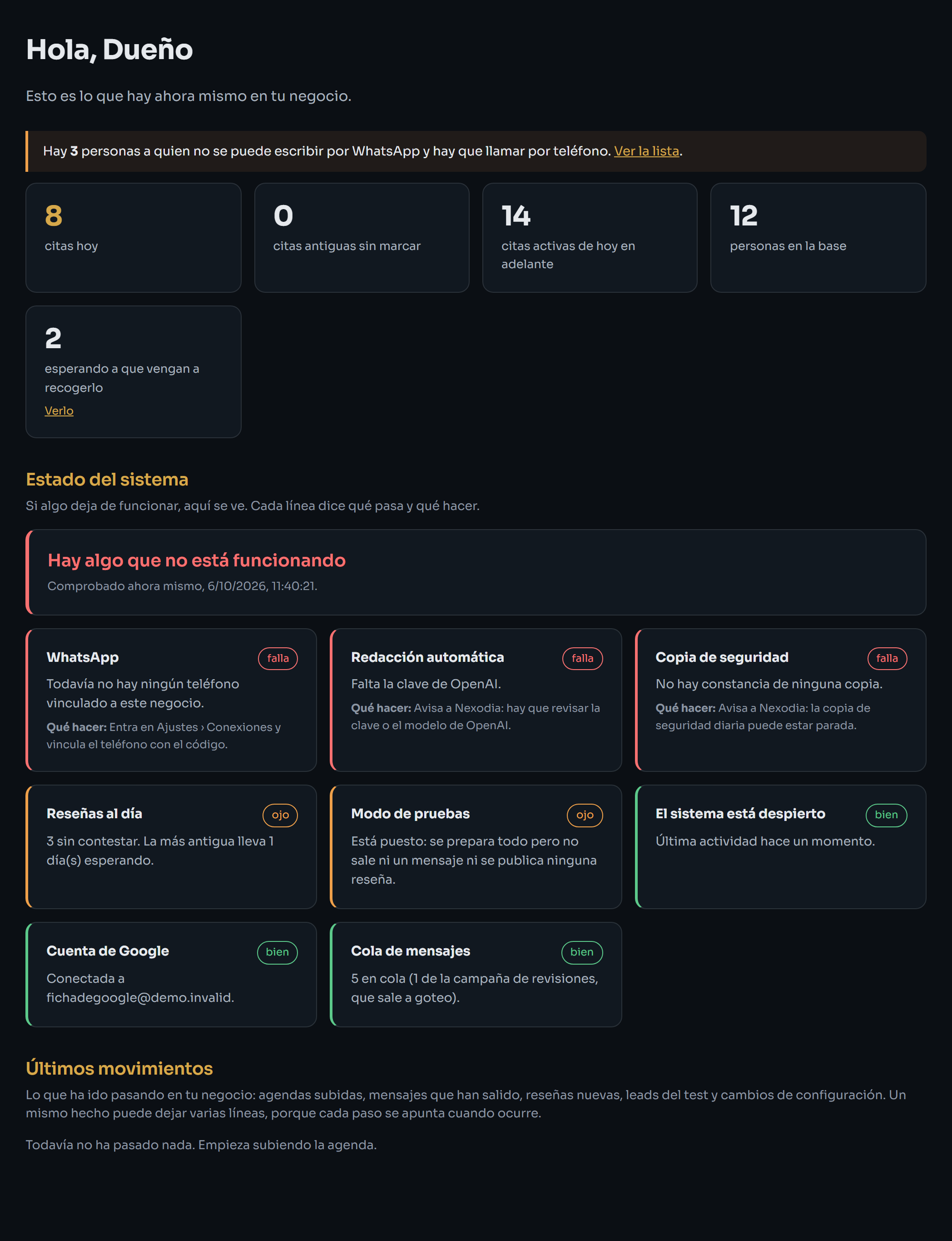 Pantalla de Inicio con las cifras del día y las tarjetas del Estado del sistema