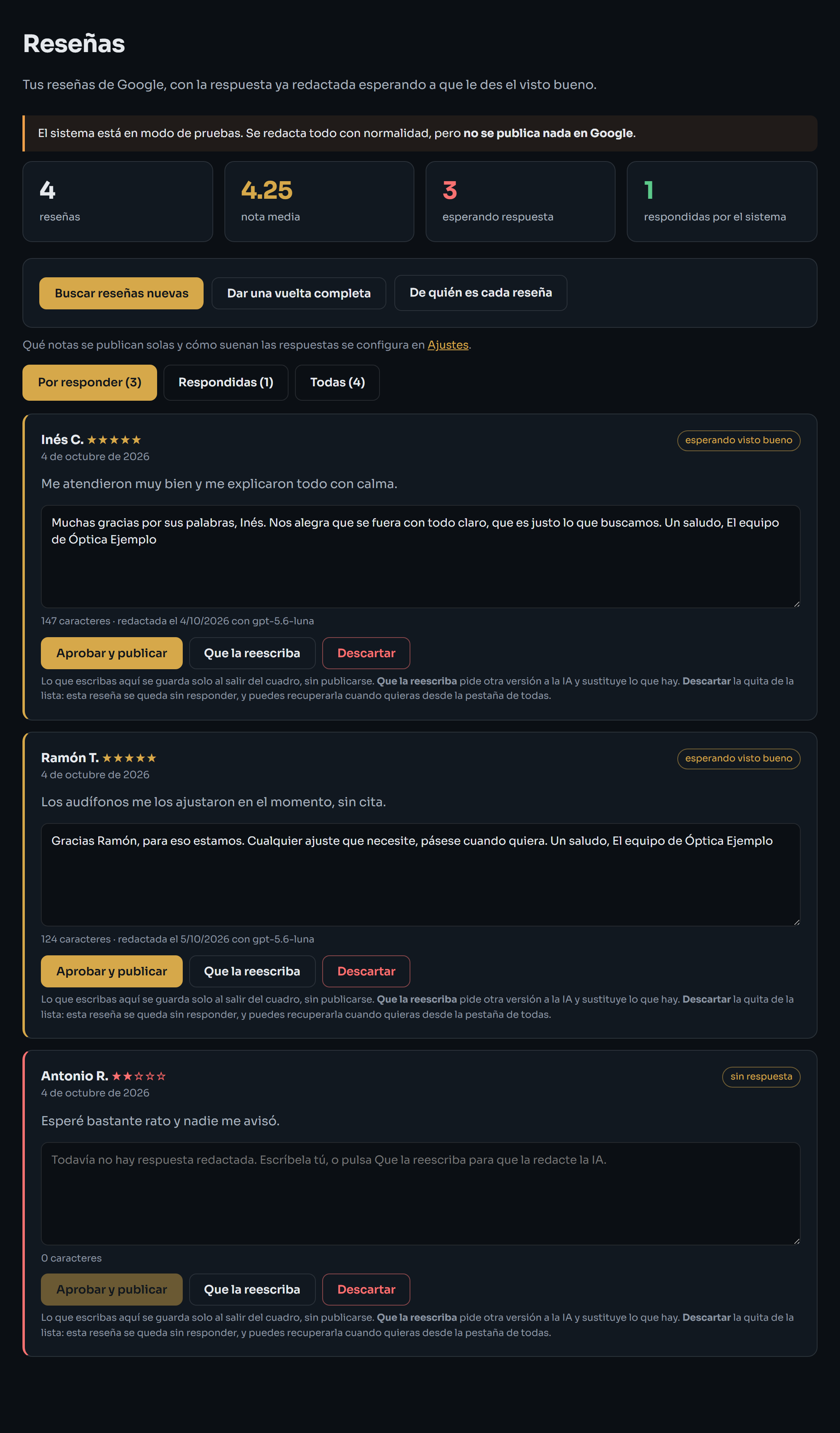 Pantalla de Reseñas con las respuestas que esperan el visto bueno