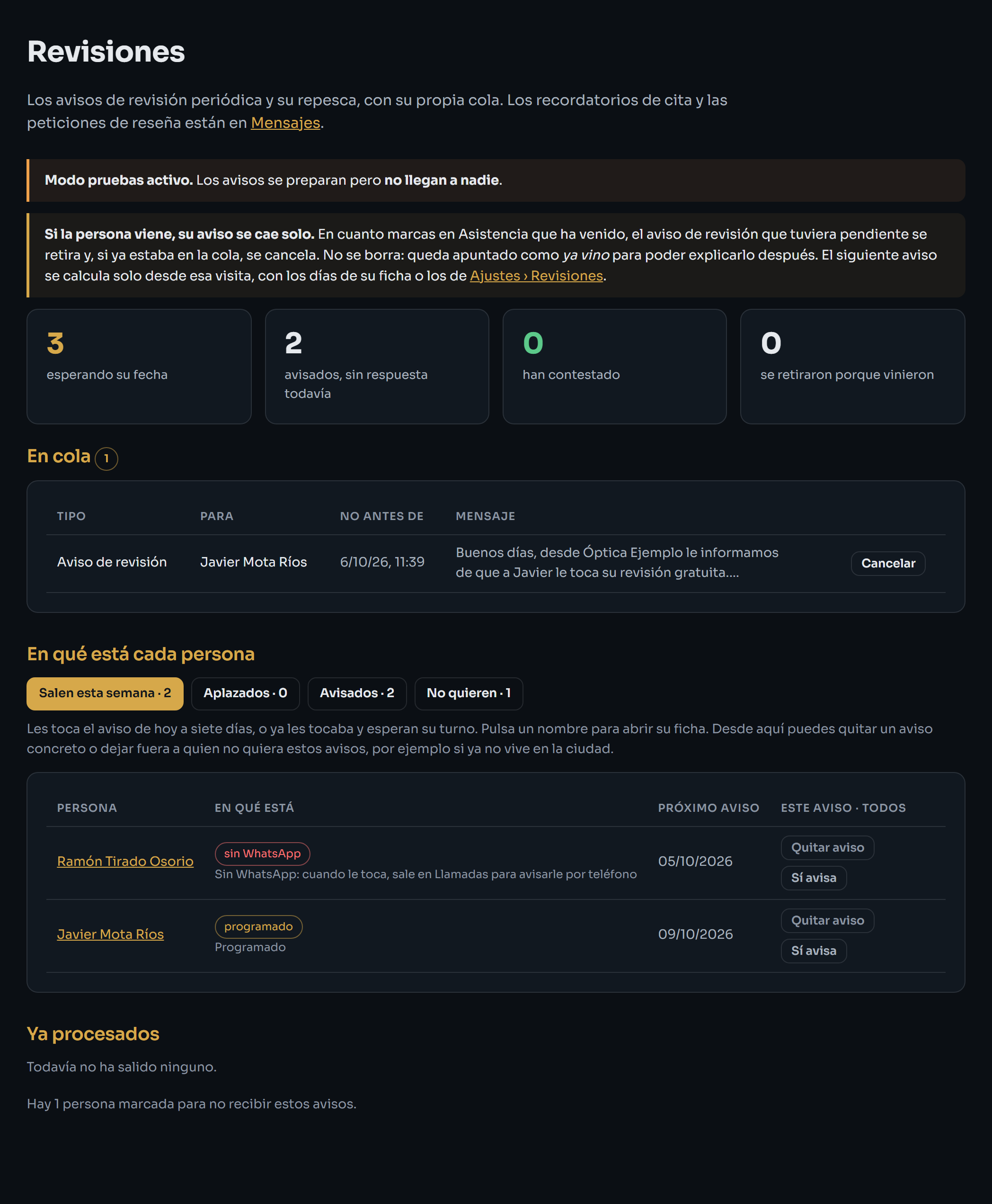 Pantalla de Revisiones con la lista por estado y sus filtros