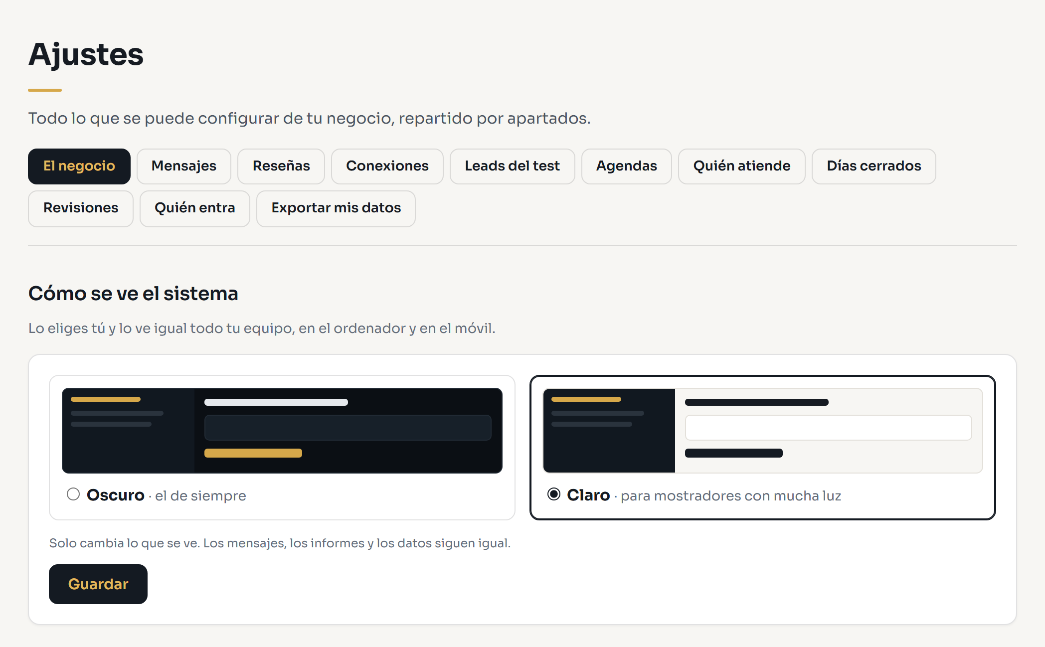 Ajustes, El negocio, con la opción de ver el sistema en oscuro o en claro
